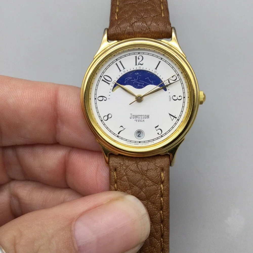 Vintage VEGA Junction Mens Watch 31mm Moon Phase Brown Leather Date New Battery